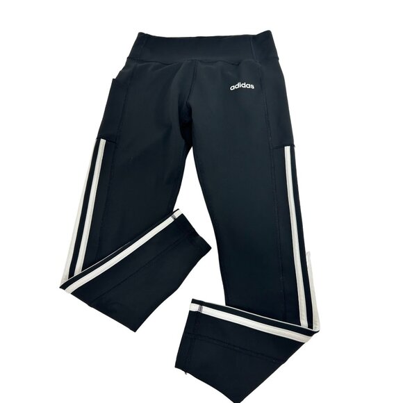 Adidas Women Cropped Leggings Climalite Black White Stripes Logo Pocket Workout - Picture 1 of 12